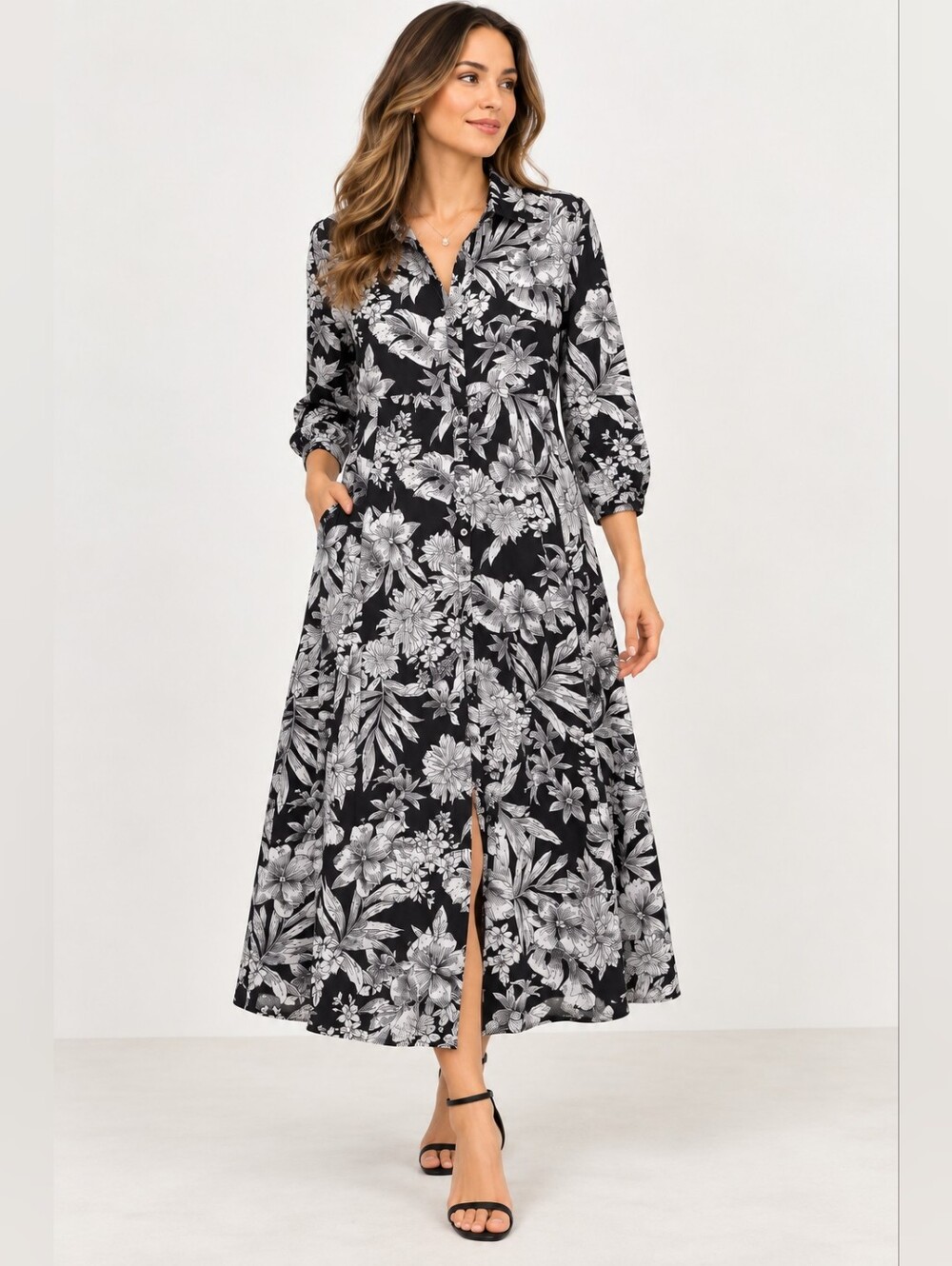 Figs Black & White Floral Button-Front Maxi Dress